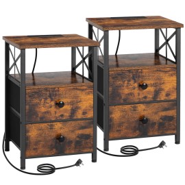 AMHANCIBLE 带充电站的床头柜，两件套床头柜，带两个布艺储物抽屉的边桌，小户型床头柜，客厅沙发边桌，复古棕色 HET05XBR