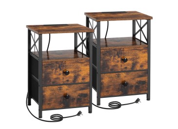 AMHANCIBLE Bedside Table with Charging Station, Bedside Cabinet Set of 2, Side Table with 2 Fabric Storage Drawers, Nightstand for Small Spaces, Sofa Side Table for Living Room, Rustic Brown HET05XBR