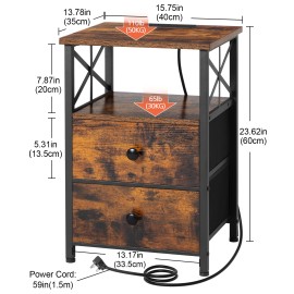 AMHANCIBLE 带充电站的床头柜，两件套床头柜，带两个布艺储物抽屉的边桌，小户型床头柜，客厅沙发边桌，复古棕色 HET05XBR