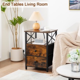 AMHANCIBLE 带充电站的床头柜，两件套床头柜，带两个布艺储物抽屉的边桌，小户型床头柜，客厅沙发边桌，复古棕色 HET05XBR