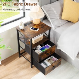 AMHANCIBLE 带充电站的床头柜，两件套床头柜，带两个布艺储物抽屉的边桌，小户型床头柜，客厅沙发边桌，复古棕色 HET05XBR