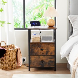 AMHANCIBLE 带充电站的床头柜，两件套床头柜，带两个布艺储物抽屉的边桌，小户型床头柜，客厅沙发边桌，复古棕色 HET05XBR