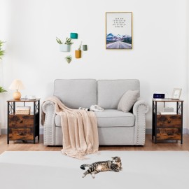 AMHANCIBLE 带充电站的床头柜，两件套床头柜，带两个布艺储物抽屉的边桌，小户型床头柜，客厅沙发边桌，复古棕色 HET05XBR