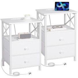 AMHANCIBLE Nachttisch mit Ladestation, 2er-Set Nachttische, Beistelltisch mit 2 Stoffschubladen, Nachttisch für kleine Räume, Sofa-Beistelltisch für Wohnzimmer, Weiß HET05XWT