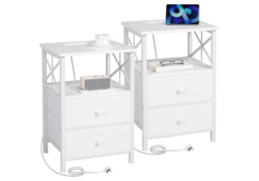 AMHANCIBLE Bedside Table with Charging Station, Bedside Cabinet Set of 2, Side Table with 2 Fabric Storage Drawers, Nightstand for Small Spaces, Sofa Side Table for Living Room White HET05XWT