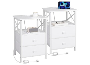 AMHANCIBLE Bedside Table with Charging Station, Bedside Cabinet Set of 2, Side Table with 2 Fabric Storage Drawers, Nightstand for Small Spaces, Sofa Side Table for Living Room White HET05XWT
