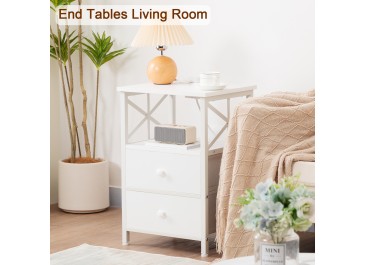 AMHANCIBLE Bedside Table with Charging Station, Bedside Cabinet Set of 2, Side Table with 2 Fabric Storage Drawers, Nightstand for Small Spaces, Sofa Side Table for Living Room White HET05XWT