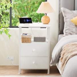 AMHANCIBLE Nachttisch mit Ladestation, 2er-Set Nachttische, Beistelltisch mit 2 Stoffschubladen, Nachttisch für kleine Räume, Sofa-Beistelltisch für Wohnzimmer, Weiß HET05XWT