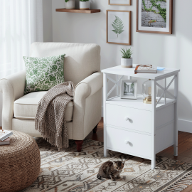AMHANCIBLE Nachttisch mit Ladestation, 2er-Set Nachttische, Beistelltisch mit 2 Stoffschubladen, Nachttisch für kleine Räume, Sofa-Beistelltisch für Wohnzimmer, Weiß HET05XWT