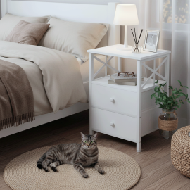 AMHANCIBLE Nachttisch mit Ladestation, 2er-Set Nachttische, Beistelltisch mit 2 Stoffschubladen, Nachttisch für kleine Räume, Sofa-Beistelltisch für Wohnzimmer, Weiß HET05XWT