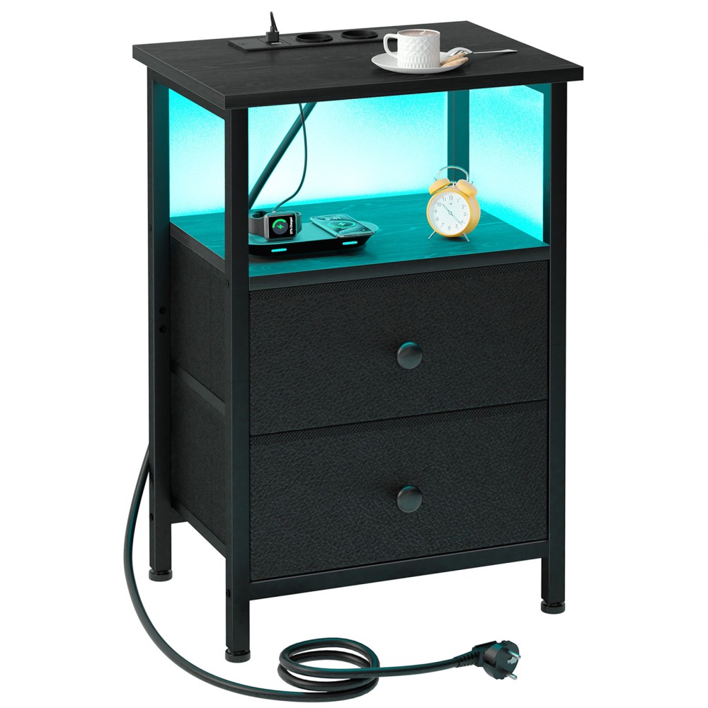 AMHANCIBLE Bedside Table with LED Lights, Side Table with Charging Station, 3-Tier Sofa Table with 2 Fabric Drawers, Wooden Bedside Cabinet with Open Shelf for Bedroom, Living Room, EHETS02BK-1