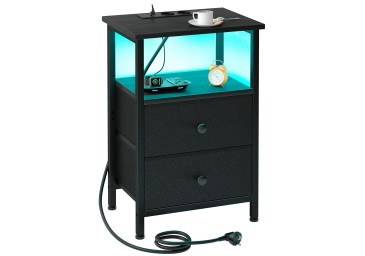AMHANCIBLE Bedside Table with LED Lights, Side Table with Charging Station, 3-Tier Sofa Table with 2 Fabric Drawers, Wooden Bedside Cabinet with Open Shelf for Bedroom, Living Room, EHETS02BK-1