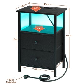 AMHANCIBLE Bedside Table with LED Lights, Side Table with Charging Station, 3-Tier Sofa Table with 2 Fabric Drawers, Wooden Bedside Cabinet with Open Shelf for Bedroom, Living Room, EHETS02BK-1