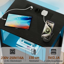 AMHANCIBLE Bedside Table with LED Lights, Side Table with Charging Station, 3-Tier Sofa Table with 2 Fabric Drawers, Wooden Bedside Cabinet with Open Shelf for Bedroom, Living Room, EHETS02BK-1