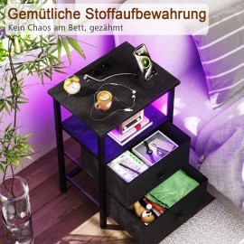 AMHANCIBLE Bedside Table with LED Lights, Side Table with Charging Station, 3-Tier Sofa Table with 2 Fabric Drawers, Wooden Bedside Cabinet with Open Shelf for Bedroom, Living Room, EHETS02BK-1