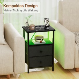 AMHANCIBLE Bedside Table with LED Lights, Side Table with Charging Station, 3-Tier Sofa Table with 2 Fabric Drawers, Wooden Bedside Cabinet with Open Shelf for Bedroom, Living Room, EHETS02BK-1