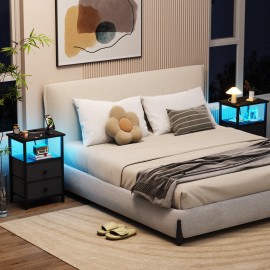 AMHANCIBLE Bedside Table with LED Lights, Side Table with Charging Station, 3-Tier Sofa Table with 2 Fabric Drawers, Wooden Bedside Cabinet with Open Shelf for Bedroom, Living Room, EHETS02BK-1