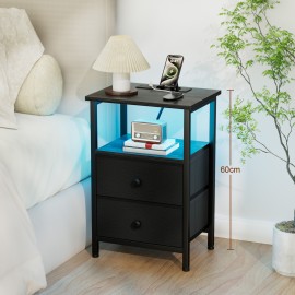AMHANCIBLE Bedside Table with LED Lights, Side Table with Charging Station, 3-Tier Sofa Table with 2 Fabric Drawers, Wooden Bedside Cabinet with Open Shelf for Bedroom, Living Room, EHETS02BK-1