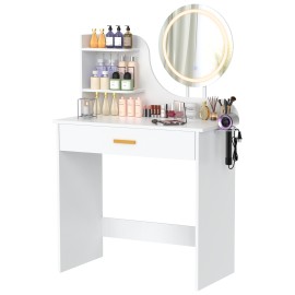LOAKEKEL Vanity Desk, with Mirror and Lights, Makeup Vanity with Storage Drawer, Small Dressing Table with 3 Open Shelves for Bedroom, Cosmetic Table for Women and Girls Gift, White HSKP01WT