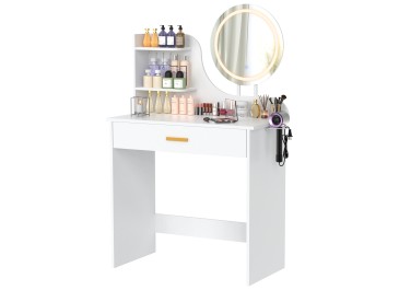 LOAKEKEL Vanity Desk, with Mirror and Lights, Makeup Vanity with Storage Drawer, Small Dressing Table with 3 Open Shelves for Bedroom, Cosmetic Table for Women and Girls Gift, White HSKP01WT