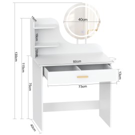 LOAKEKEL Vanity Desk, with Mirror and Lights, Makeup Vanity with Storage Drawer, Small Dressing Table with 3 Open Shelves for Bedroom, Cosmetic Table for Women and Girls Gift, White HSKP01WT