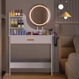 LOAKEKEL Vanity Desk, with Mirror and Lights, Makeup Vanity with Storage Drawer, Small Dressing Table with 3 Open Shelves for Bedroom, Cosmetic Table for Women and Girls Gift, White HSKP01WT