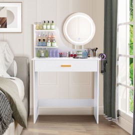 LOAKEKEL Vanity Desk, with Mirror and Lights, Makeup Vanity with Storage Drawer, Small Dressing Table with 3 Open Shelves for Bedroom, Cosmetic Table for Women and Girls Gift, White HSKP01WT