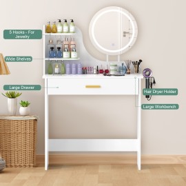 LOAKEKEL Vanity Desk, with Mirror and Lights, Makeup Vanity with Storage Drawer, Small Dressing Table with 3 Open Shelves for Bedroom, Cosmetic Table for Women and Girls Gift, White HSKP01WT