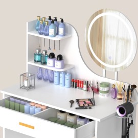 LOAKEKEL Vanity Desk, with Mirror and Lights, Makeup Vanity with Storage Drawer, Small Dressing Table with 3 Open Shelves for Bedroom, Cosmetic Table for Women and Girls Gift, White HSKP01WT