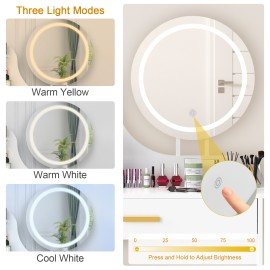 LOAKEKEL Vanity Desk, with Mirror and Lights, Makeup Vanity with Storage Drawer, Small Dressing Table with 3 Open Shelves for Bedroom, Cosmetic Table for Women and Girls Gift, White HSKP01WT