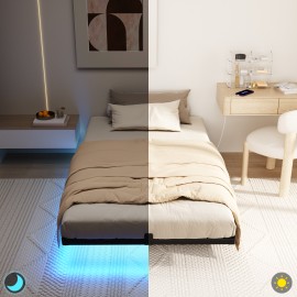 Twin Bed Frame, Floating Bed Frame Twin Size, with Smart LED Lights & USB Charging Station, Metal Platform Double Bed Frame, Steel Slat Support, No Box Spring Needed, Easy Assembly HBF100BK