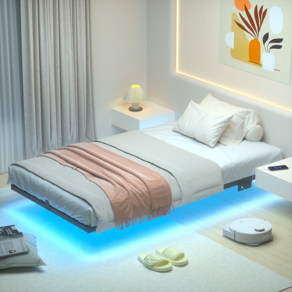 Twin Bed Frame, Floating Bed Frame Twin Size, with Smart LED Lights & USB Charging Station, Metal Platform Double Bed Frame, Steel Slat Support, No Box Spring Needed, Easy Assembly HBF100BK