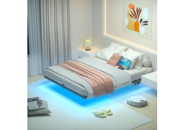 LOAKEKEL Full Bed Frame, with USB Charging Station, Floating Bed Frame Full Size with Smart LED Lights, Metal Platform Bed, Heavy Duty Steel Slat, No Box Spring Needed, Easy Assembly, HBF130BK