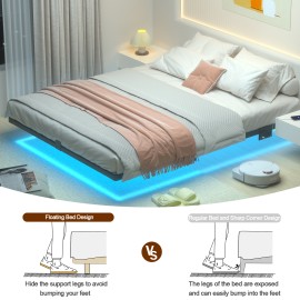 LOAKEKEL Full Bed Frame, with USB Charging Station, Floating Bed Frame Full Size with Smart LED Lights, Metal Platform Bed, Heavy Duty Steel Slat, No Box Spring Needed, Easy Assembly, HBF130BK