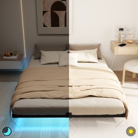 LOAKEKEL Queen Bed Frame, with USB Charging Station, Floating Bed Frame Queen Size with Smart LED Lights, Metal Platform Bed, Heavy Duty Steel Slat, No Box Spring Needed, Easy Assembly, HBF150BK