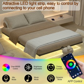 LOAKEKEL Queen Bed Frame, with USB Charging Station, Floating Bed Frame Queen Size with Smart LED Lights, Metal Platform Bed, Heavy Duty Steel Slat, No Box Spring Needed, Easy Assembly, HBF150BK