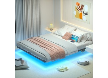 LOAKEKEL Queen Bed Frame, with USB Charging Station, Floating Bed Frame Queen Size with Smart LED Lights, Metal Platform Bed, Heavy Duty Steel Slat, No Box Spring Needed, Easy Assembly, HBF150BK