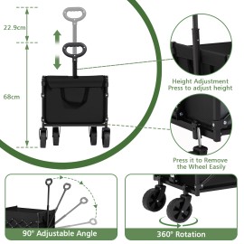 LOAKEKEL Wagon, Foldable Wagon Carts for Camping, Collapsible Steel Construction Portable Shopping Cart, with 360° Rotatable Wheels, for Outdoor, Garden, Black HCW01BK