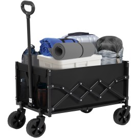 LOAKEKEL Wagon, Foldable Wagon Carts for Camping, Collapsible Steel Construction Portable Shopping Cart, with 360° Rotatable Wheels, for Outdoor, Garden, Black HCW01BK