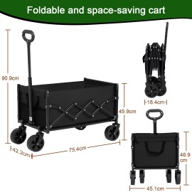 LOAKEKEL Wagon, Foldable Wagon Carts for Camping, Collapsible Steel Construction Portable Shopping Cart, with 360° Rotatable Wheels, for Outdoor, Garden, Black HCW01BK