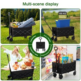 LOAKEKEL Wagon, Foldable Wagon Carts for Camping, Collapsible Steel Construction Portable Shopping Cart, with 360° Rotatable Wheels, for Outdoor, Garden, Black HCW01BK