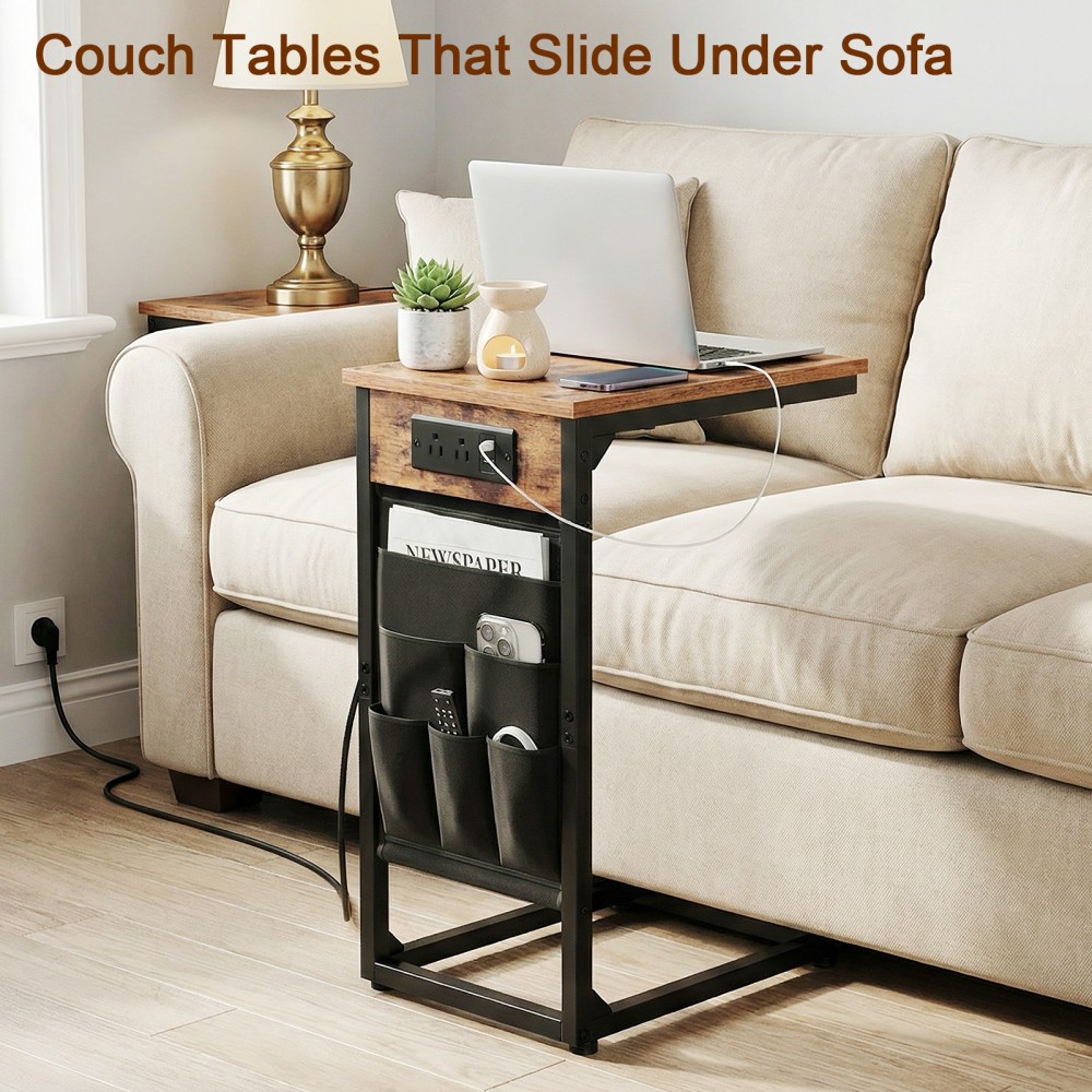 AMHANCIBLE Narrow Coffee Bedside Table with Cloth Storage Bag for Sofa, Small Spaces, Living Room, Bedroom