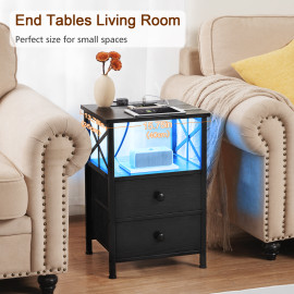 AMHANCIBLE 床头柜/边桌，带两个布艺抽屉，适用于卧室 HET052LBK