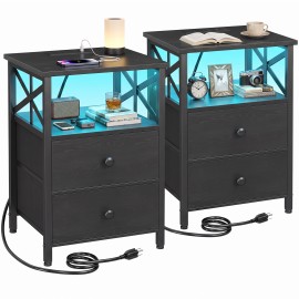  Nightstands Set of 2 with Charging Station and LED Lights