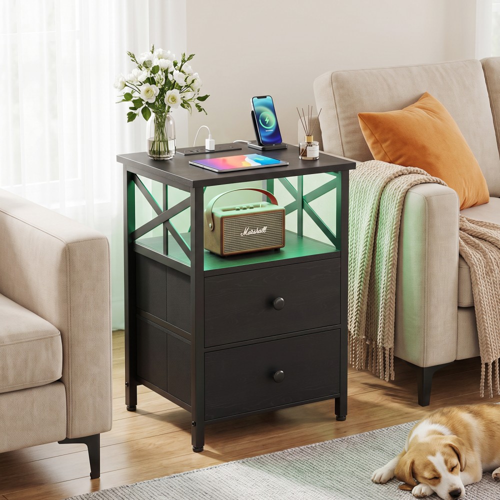  Nightstands Set of 2 with Charging Station and LED Lights
