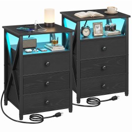 AMHANCIBLE Nightstands Set of 2, LED Night Stand with Charging Station