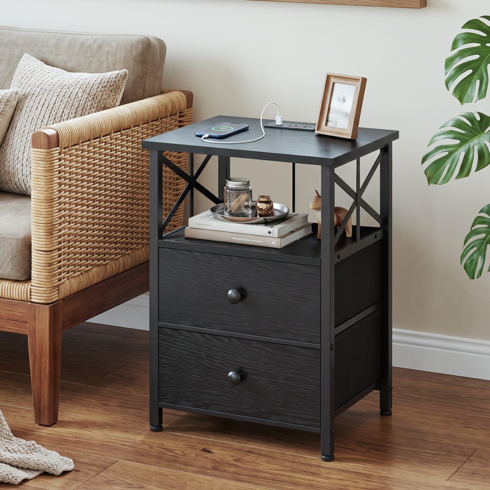  Nightstands Set of 2, Large Night Stand with Charging Station