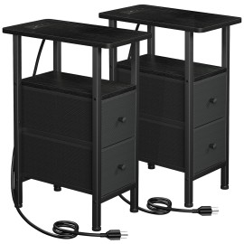 LOAKEKEL Narrow Side Table with Charging Station, End Tables Living Room Set of 2, Skinny Nightstand with Fabric Drawers, Slim Sofa Table for Bedroom, Small Spaces, Couch, Black, HETNDP02BK