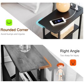 LOAKEKEL Narrow Side Table with Charging Station, End Tables Living Room Set of 2, Skinny Nightstand with Fabric Drawers, Slim Sofa Table for Bedroom, Small Spaces, Couch, Black, HETNDP02BK