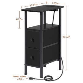 LOAKEKEL Narrow Side Table with Charging Station, End Tables Living Room Set of 2, Skinny Nightstand with Fabric Drawers, Slim Sofa Table for Bedroom, Small Spaces, Couch, Black, HETNDP02BK